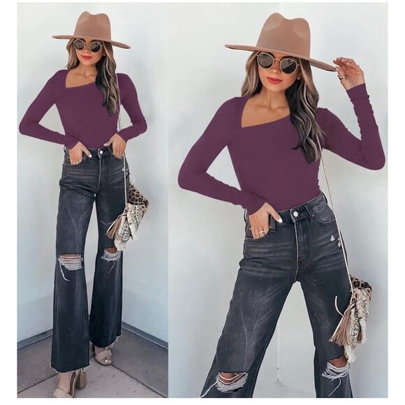 REORIA Asymmetrical Neck Bodysuit Women’s Size M Plum Thong Stretchy NWOT - Picture 1 of 12